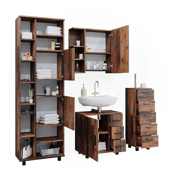Vicco Badmöbel-Set Ilias Eiche rustikal 4 Teile - Gesamtbreite Badmöbel: 150 cm, Eiche rustikal, Matt - Badmöbelset aus dunklem, rustikalem Holz mit Hochschrank, Wandschrank, Waschtisch und Schubladenschrank.