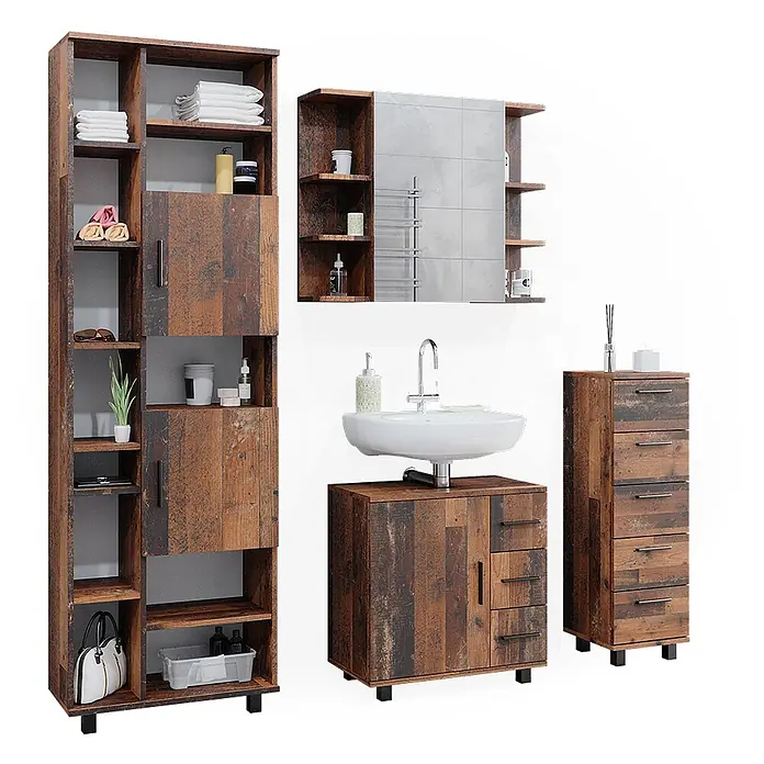 Vicco Badmöbel-Set Ilias Eiche rustikal 4 Teile - Gesamtbreite Badmöbel: 150 cm, Eiche rustikal, Matt - Rustikales Badezimmermöbel-Set aus dunklem Holz: Hochschrank, Spiegelschrank, Waschtischunterschrank und Kommode.