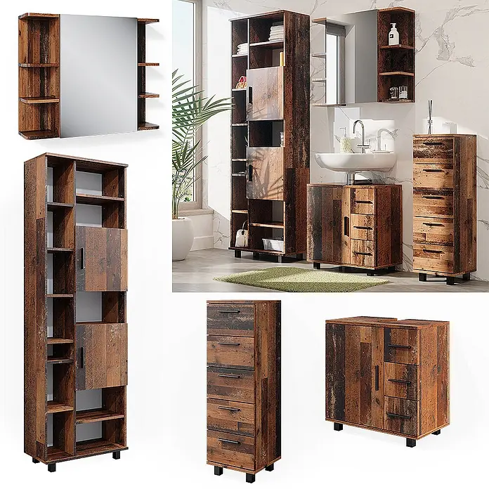Vicco Badmöbel-Set Ilias Eiche rustikal 4 Teile - Gesamtbreite Badmöbel: 150 cm, Eiche rustikal, Matt - Set aus Badezimmermöbeln in rustikalem Braunholz, darunter Schränke, Regale, Spiegel und Schubladen, in einem modernen Badezimmer.