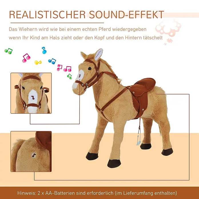Reitpferd Spielpferd Plüschpferd für Kinder Stehpferd mit Sound Sitz H48 cm -  - Interaktives Plüschpferd, hellbraun, mit Zaumzeug und Sattel. Macht Wiehern beim Berühren von Kopf oder Hinterteil. Benötigt 2 AA-Batterien (enthalten).
