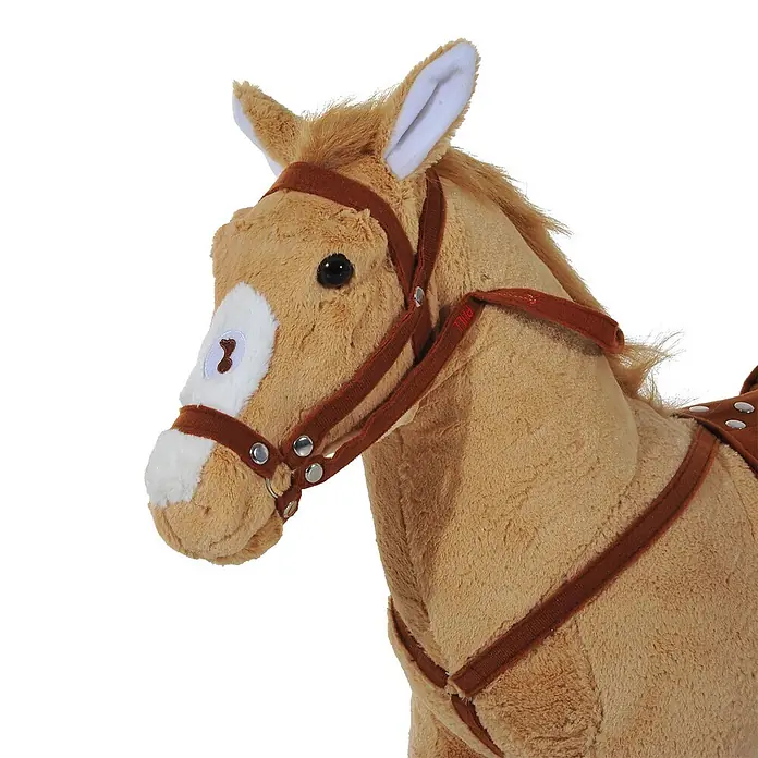 Reitpferd Spielpferd Plüschpferd für Kinder Stehpferd mit Sound Sitz H48 cm -  - Hellbraunes Plüschpferd-Spielzeug mit weißer Schnauze, braunem Zaumzeug und geschirrähnlichen Riemen.