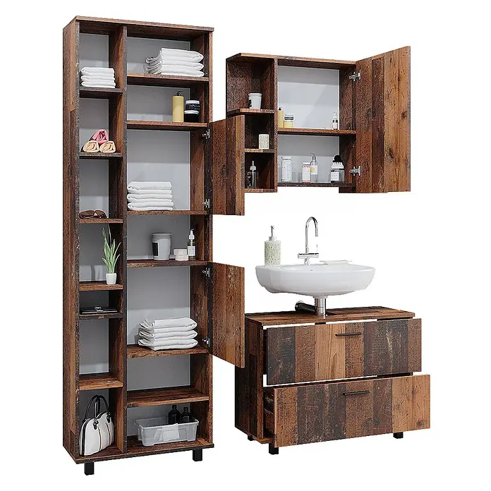 Vicco Badmöbel-Set Ilias Eiche rustikal 3 Teile, mit Hochschrank - Gesamtbreite Badmöbel: 140,2 cm, Eiche rustikal, Matt - Rustikales Badmöbel-Set in Holzoptik mit Hochschrank, Wandschrank und Waschtisch mit Waschbecken und Schubladen.