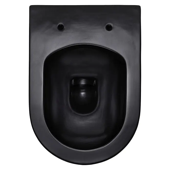 SCHÖNER WOHNEN-Kollektion Wand-WC Antus Spülrandlos Mattschwarz - Spülrandlos, Spülform: Tief, Mattschwarz - Mattschwarzes Keramik-WC, von oben gesehen, mit Sitzbefestigungslöchern und Innenbecken.