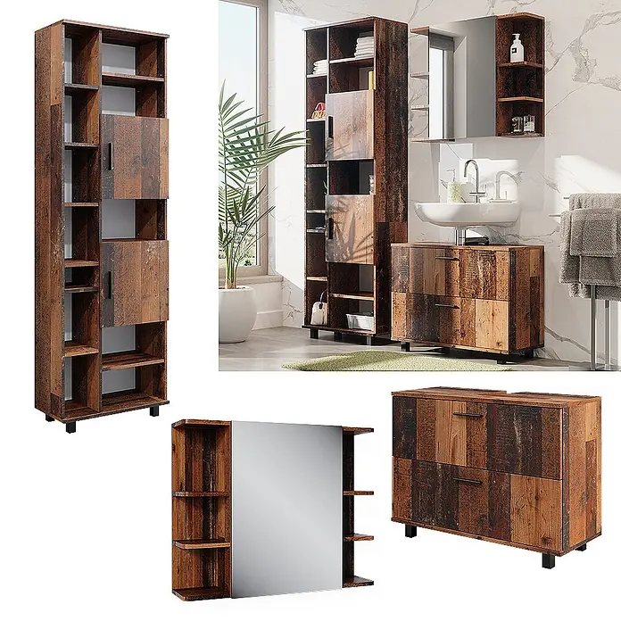 Vicco Badmöbel-Set Ilias Eiche rustikal 3 Teile, mit Hochschrank - Gesamtbreite Badmöbel: 140,2 cm, Eiche rustikal, Matt - Rustikales Badezimmermöbel-Set aus dunklem Holz, bestehend aus Hochschrank, Waschtischunterschrank und Spiegelschrank.
