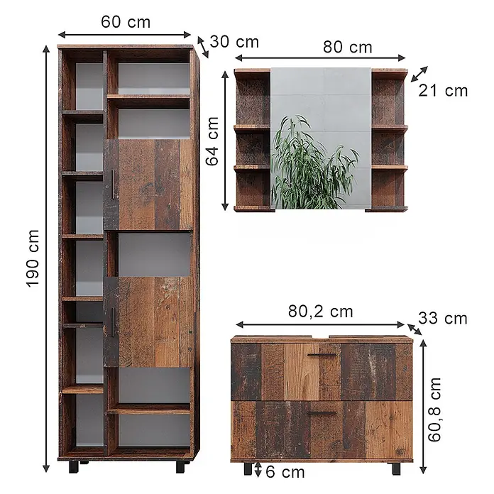 Vicco Badmöbel-Set Ilias Eiche rustikal 3 Teile, mit Hochschrank - Gesamtbreite Badmöbel: 140,2 cm, Eiche rustikal, Matt - Set aus drei rustikalbraunen Möbelstücken mit Maßen: ein hoher Schrank, ein Spiegelschrank mit Seitenregalen und ein Unterschrank mit zwei Schubladen.