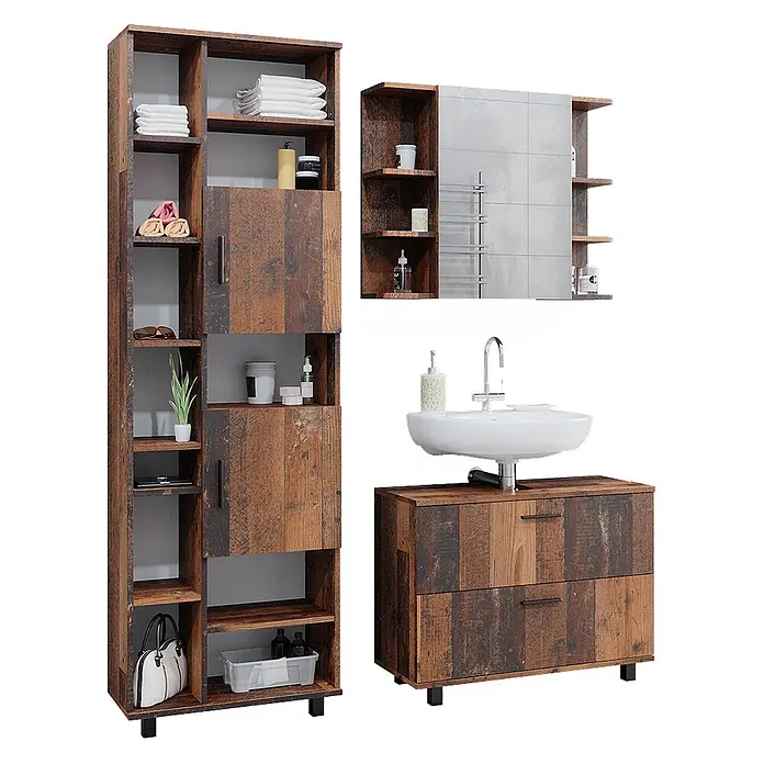 Vicco Badmöbel-Set Ilias Eiche rustikal 3 Teile, mit Hochschrank - Gesamtbreite Badmöbel: 140,2 cm, Eiche rustikal, Matt - Badmöbel-Set: Hochschrank, Spiegelschrank und Waschtischunterschrank in Altholzoptik.
