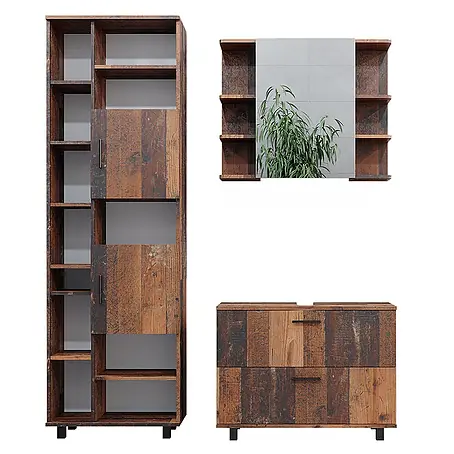 Vicco  Badmöbel-Set Ilias Eiche rustikal 3 Teile, mit Hochschrank