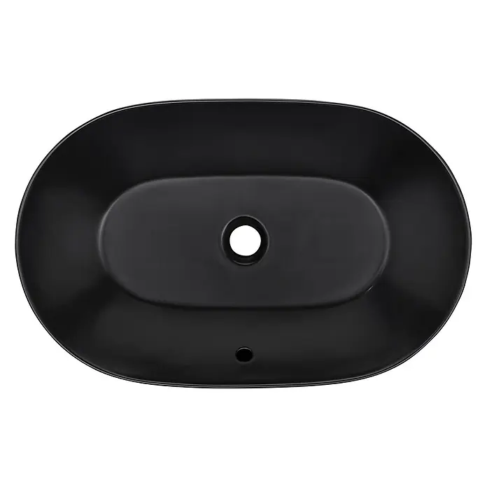 SCHÖNER WOHNEN-Kollektion Aufsatzwaschbecken Sati 60 cm x 42 cm Mattschwarz - Ohne Spezialglasur, Hahnloch: Ohne, Mit Überlauf, Mattschwarz - Mattschwarzes ovales Keramikwaschbecken mit zentralem Abfluss und Überlauf.