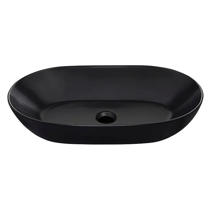 SCHÖNER WOHNEN-Kollektion Aufsatzwaschbecken Sati 60 cm x 42 cm Mattschwarz - Ohne Spezialglasur, Hahnloch: Ohne, Mit Überlauf, Mattschwarz - Matt schwarzes ovales Keramik-Aufsatzwaschbecken mit zentralem Ablauf.