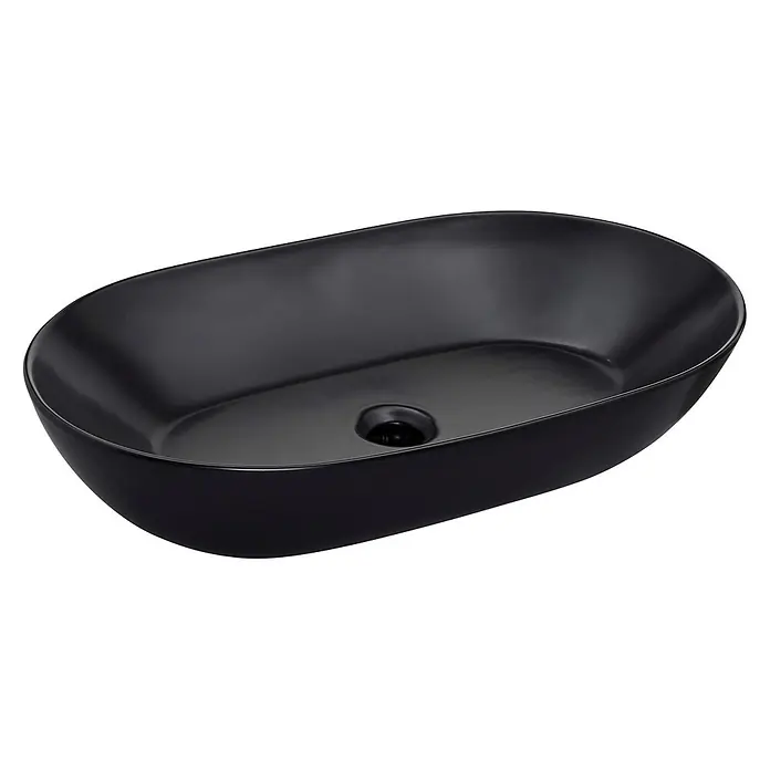 SCHÖNER WOHNEN-Kollektion Aufsatzwaschbecken Sati 60 cm x 42 cm Mattschwarz - Ohne Spezialglasur, Hahnloch: Ohne, Mit Überlauf, Mattschwarz - Mattschwarzes, ovales Aufsatzwaschbecken mit versenktem Abfluss.