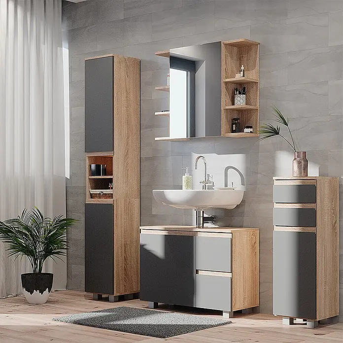 Vicco Badmöbel-Set J-Shape, Sonoma 80 cm -  - Modernes Badmöbel-Set in hellem Holz und Dunkelgrau, bestehend aus Waschtischunterschrank, Hochschrank, Spiegelschrank und Kommode.