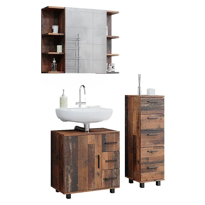 Vicco Badmöbel-Set Ilias Eiche rustikal 3 Teile, mit Midischrank - Gesamtbreite Badmöbel: 90 cm, Eiche rustikal, Matt - Rustikale Badezimmermöbel aus Holz mit Spiegelschrank, Waschtischunterschrank und hohem Schubladenschrank.