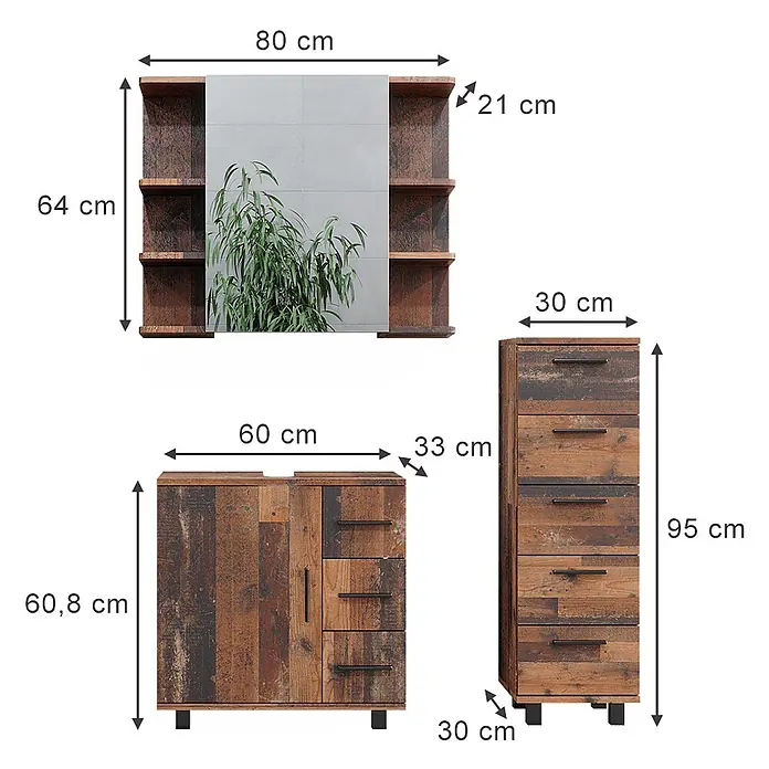 Vicco Badmöbel-Set Ilias Eiche rustikal 3 Teile, mit Midischrank - Gesamtbreite Badmöbel: 90 cm, Eiche rustikal, Matt - Drei rustikale Holzmöbel: eine Spiegeleinheit mit Regalen, ein kleiner Schrank mit Schubladen und eine hohe Schubladenkommode.
