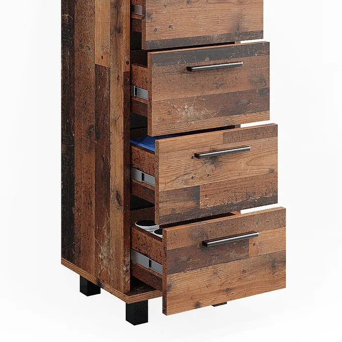 Vicco Badmöbel-Set Ilias Eiche rustikal 3 Teile, mit Midischrank - Gesamtbreite Badmöbel: 90 cm, Eiche rustikal, Matt - Rustikale Holzkommode mit vier teilweise geöffneten Schubladen, die Stauraum zeigen. Gebrauchte Holzoptik und schwarze Griffe.