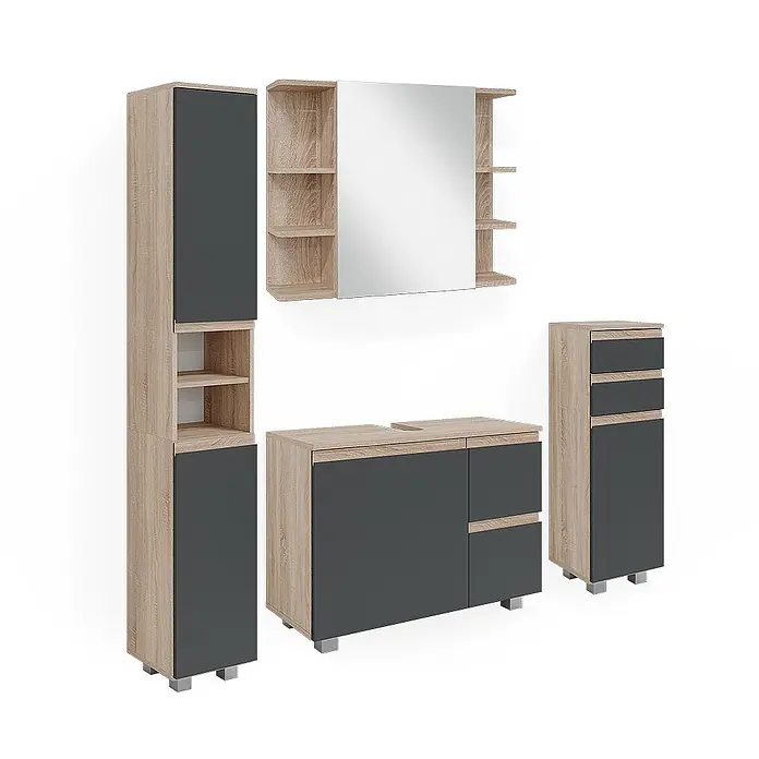 Vicco Badmöbel-Set J-Shape, Sonoma 80 cm -  - Modulares Badmöbel-Set in heller Holzoptik und Dunkelgrau, bestehend aus Hochschrank, Spiegelschrank, Waschbeckenunterschrank und schmalem Schrank.