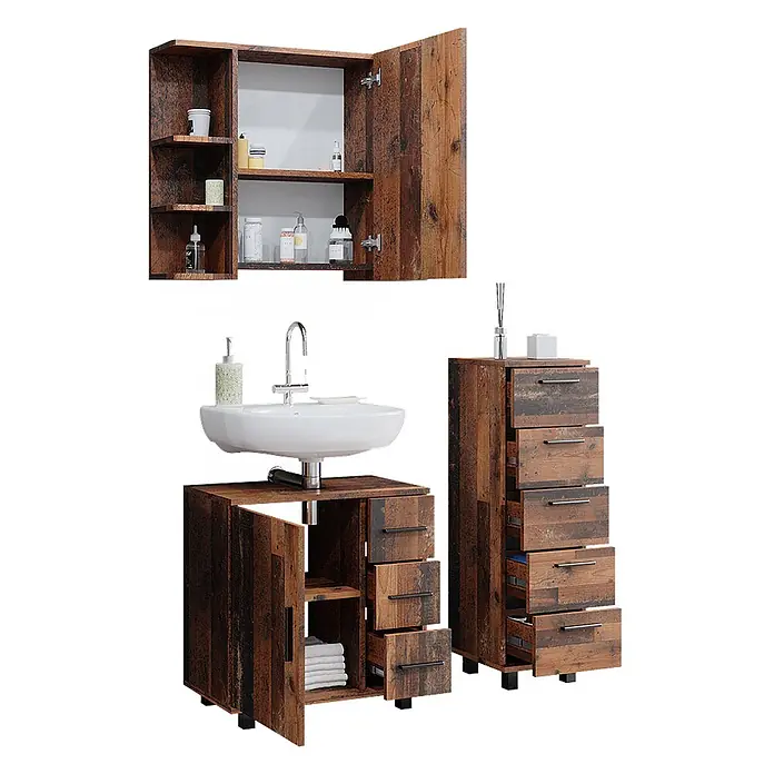 Vicco Badmöbel-Set Ilias Eiche rustikal 3 Teile, mit Midischrank - Gesamtbreite Badmöbel: 90 cm, Eiche rustikal, Matt - Badmöbel-Set aus rustikalem braunem Holz mit Wandschrank, Waschbeckenunterschrank und hohem Schubladenschrank, bietet viel Stauraum.