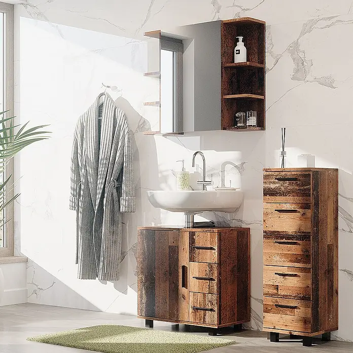 Vicco Badmöbel-Set Ilias Eiche rustikal 3 Teile, mit Midischrank - Gesamtbreite Badmöbel: 90 cm, Eiche rustikal, Matt - Rustikales Badezimmer-Waschtischset aus Holz mit Unterschrank, hohem Schrank und Spiegelschrank mit Seitenregalen.