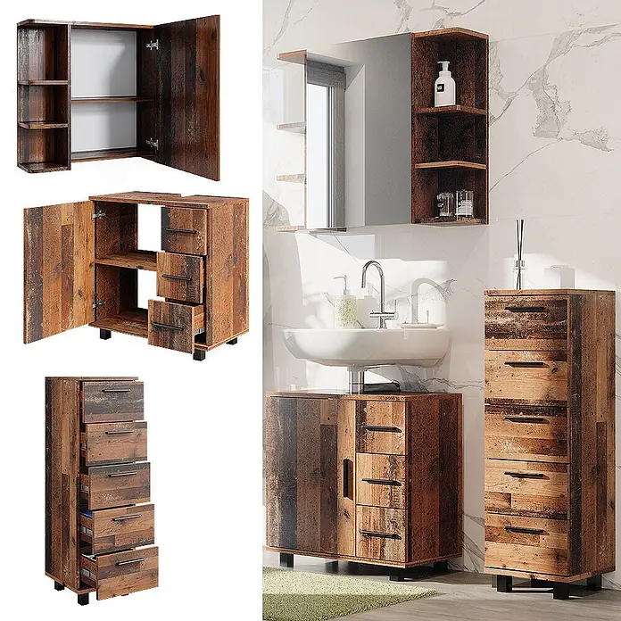 Vicco Badmöbel-Set Ilias Eiche rustikal 3 Teile, mit Midischrank - Gesamtbreite Badmöbel: 90 cm, Eiche rustikal, Matt - Rustikales braunes Badezimmermöbel-Set: Spiegelschrank, Waschbeckenunterschrank und hoher Schubladenschrank, in modernem Badezimmer.