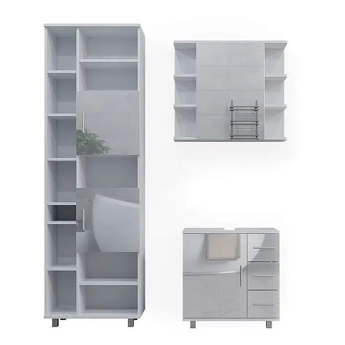Badmöbel-Set Ilias 60 cm Weiß Hochglanz Art.-Nr. 40221 -  - Weißes Badezimmermöbelset: Hochschrank mit Regalen und Spiegeltür, Wandregal und Waschtischunterschrank mit Spiegeltür und Schubladen.