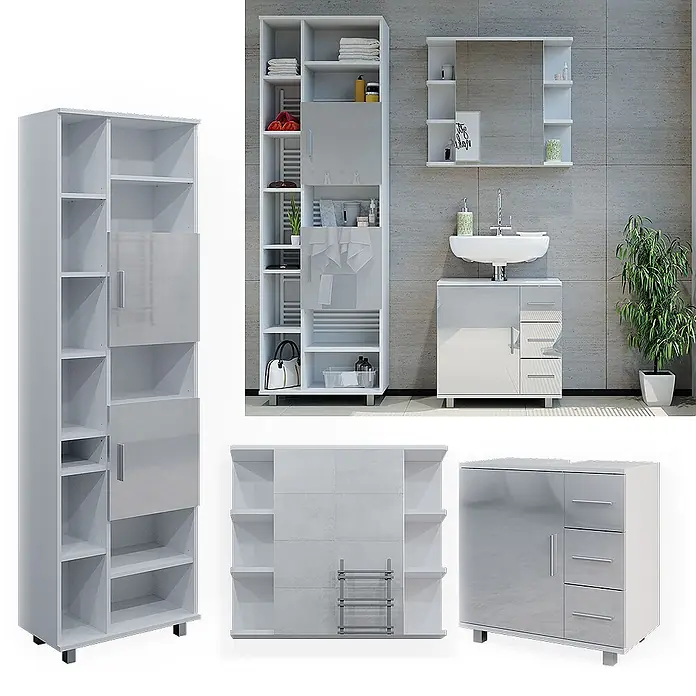 Badmöbel-Set Ilias 60 cm Weiß Hochglanz Art.-Nr. 40221 -  - Hochglänzendes weißes modernes Badmöbel-Set: Hochschrank, Waschtischunterschrank mit Waschbecken und Spiegelschrank.