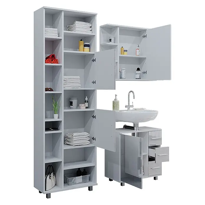 Badmöbel-Set Ilias 60 cm Weiß Hochglanz Art.-Nr. 40221 -  - Weißes Badezimmerschrank-Set mit Waschbecken, hohem Stauraumschrank und Wandschrank, mit offenen Fächern, Türen und Schubladen.