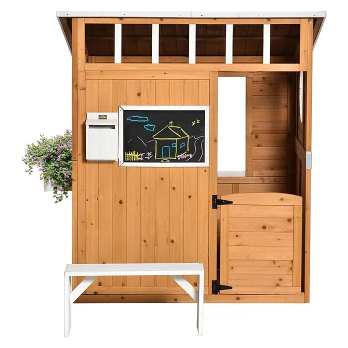 Outsunny Spielhaus - Holz, Naturholz - Hölzernes Outdoor-Spielhaus mit weißem Dach, Briefkasten, Pflanzkasten, Kreidetafel mit Zeichnungen und weißer Bank.