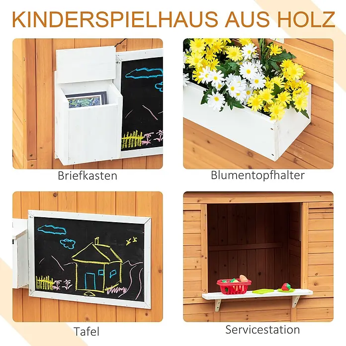 Outsunny Spielhaus - Holz, Naturholz - Holzkinderhaus mit Briefkasten, Blumentopfhalter, Tafel und Servicestation.
