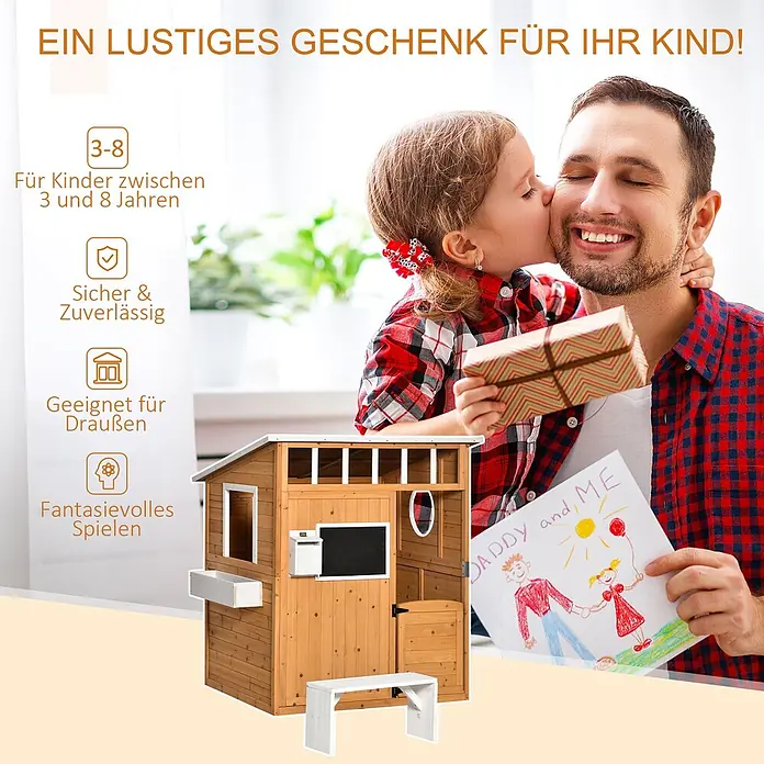 Outsunny Spielhaus - Holz, Naturholz - Braunes Holzspielhaus mit weißen Akzenten, Tafel und Bank, für fantasievolles Spielen im Freien.