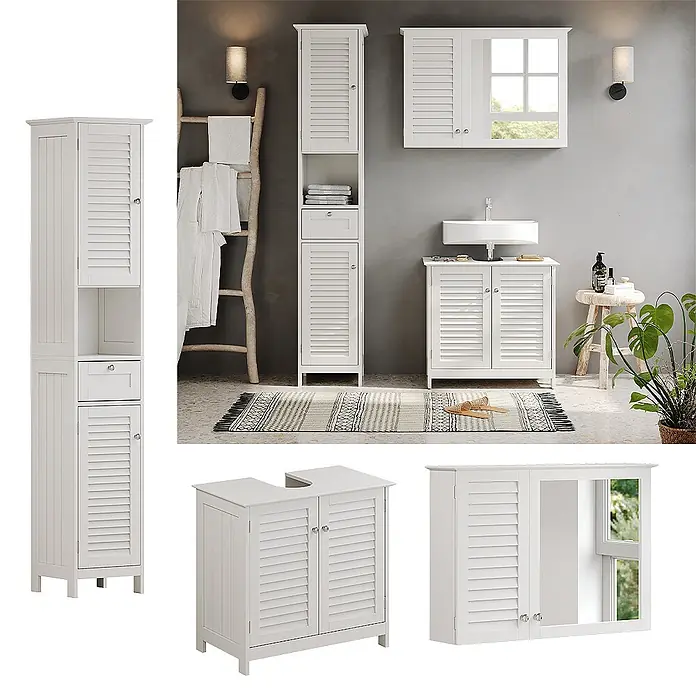 Badmöbel-Set Riad 60 cm Weiß Art.-Nr. 40471 -  - Weißes Lamellen-Badmöbelset mit Hochschrank, Waschtischunterschrank und Spiegelschrank.