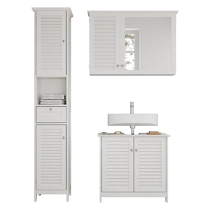 Badmöbel-Set Riad 60 cm Weiß Art.-Nr. 40471 -  - Weißes Badezimmermöbel-Set mit Lamellentüren: Hochschrank, Spiegelschrank und Waschtischunterschrank.