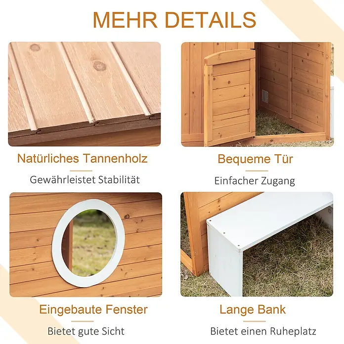 Outsunny Spielhaus - Holz, Naturholz - Merkmale eines Holzspielhauses: Natur-Tannenholz, eine zugängliche Tür, ein rundes Fenster und eine lange Bank.