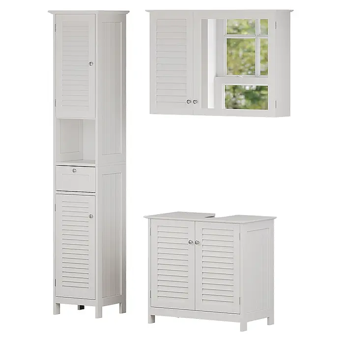 Badmöbel-Set Riad 60 cm Weiß Art.-Nr. 40471 -  - Weißes Badmöbel-Set: Hochschrank, Spiegelschrank und Waschtischunterschrank, alle mit Lamellentüren.