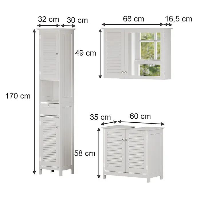 Badmöbel-Set Riad 60 cm Weiß Art.-Nr. 40471 -  - Drei weiße Badschränke aus Holz (Hochschrank, Spiegelschrank, Waschtischunterschrank) mit Maßen. Lamellentüren, einer mit Spiegel.