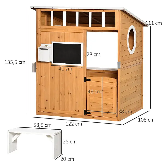 Outsunny Spielhaus - Holz, Naturholz - Hölzernes Kinderspielhaus mit kleiner weißer Bank und verschiedenen Maßen.