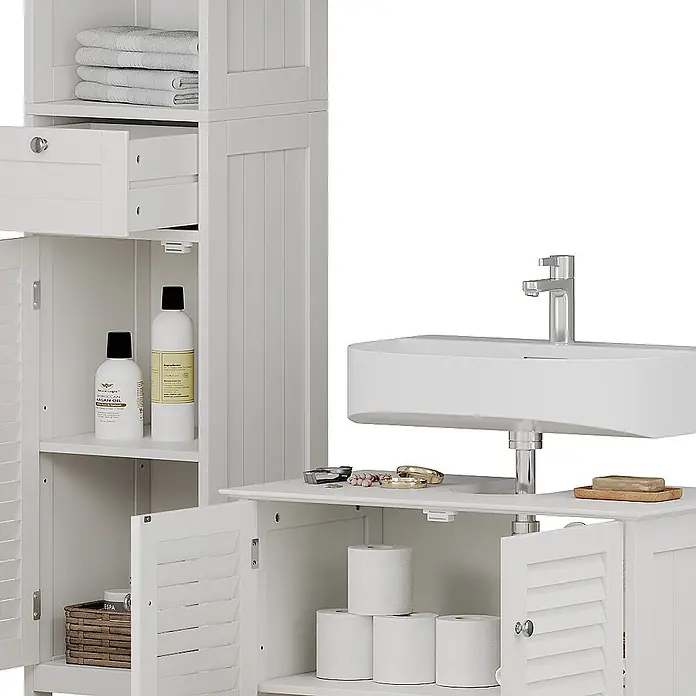 Badmöbel-Set Riad 60 cm Weiß Art.-Nr. 40471 -  - Weißer Badezimmerschrank und Waschtisch mit Regalen, Schubladen und Lamellentüren zur Organisation von Badutensilien.