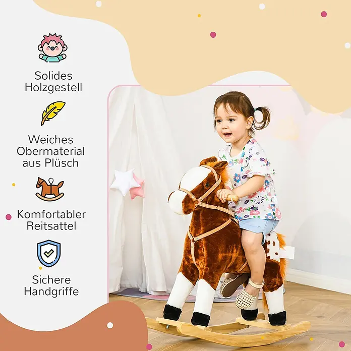 Schaukelpferd Kinder Wiehern Schaukeltier Schaukelspielzeug Braun -  - Ein Kind reitet auf einem braun-weißen Plüsch-Schaukelpferd mit stabilem Holzgestell, weichem Material und sicheren Griffen.