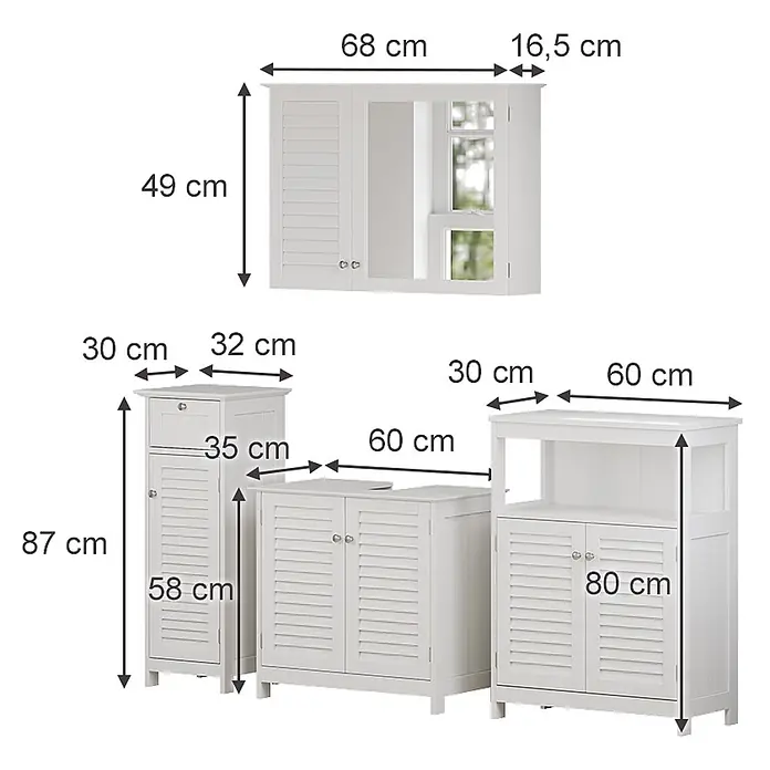 Badmöbel-Set Riad 60 cm Weiß Art.-Nr. 40470 -  - Weißes Lamellen-Badmöbel-Set mit Spiegelschrank und verschiedenen freistehenden Aufbewahrungsschränken.