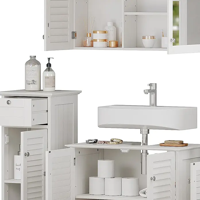 Badmöbel-Set Riad 60 cm Weiß Art.-Nr. 40470 -  - Weißes Badmöbel-Set aus Holz mit Wandschrank, Beistellschrank und Waschtisch mit Waschbecken.