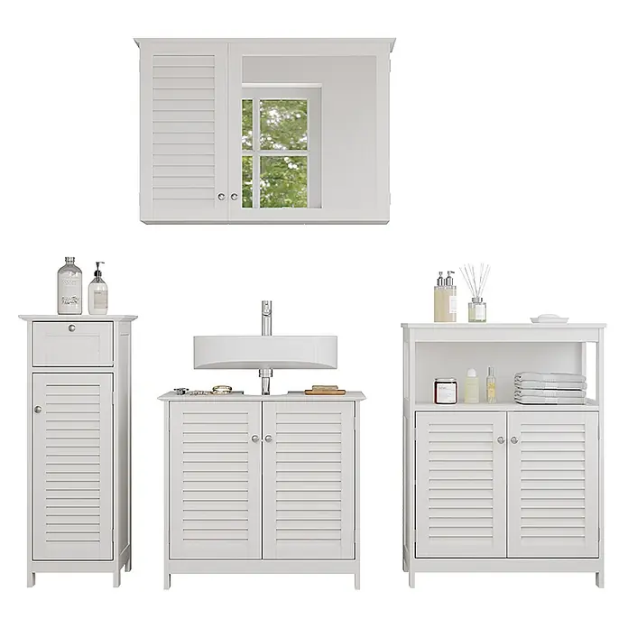 Badmöbel-Set Riad 60 cm Weiß Art.-Nr. 40470 -  - Ein Set weißer Badmöbel mit Lamellentüren, bestehend aus Waschtischunterschrank, Hochschrank, Regal und Spiegelschrank.