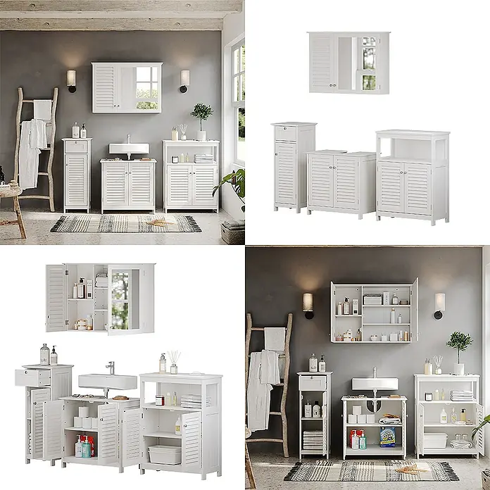 Badmöbel-Set Riad 60 cm Weiß Art.-Nr. 40470 -  - Weißes Lamellen-Badmöbel-Set: Spiegelschrank, Hochschrank, Waschtischunterschrank und Ablageschrank.