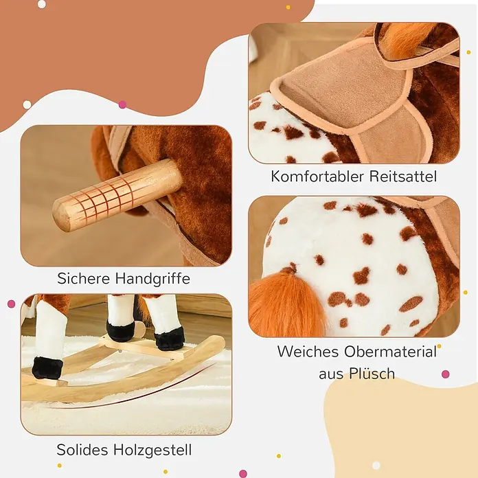 Schaukelpferd Kinder Wiehern Schaukeltier Schaukelspielzeug Braun -  - Braunes und weiß geflecktes Plüsch-Schaukelpferd mit orangem Schwanz, sicheren Holzgriffen, bequemem Sattel und solidem Holzgestell.