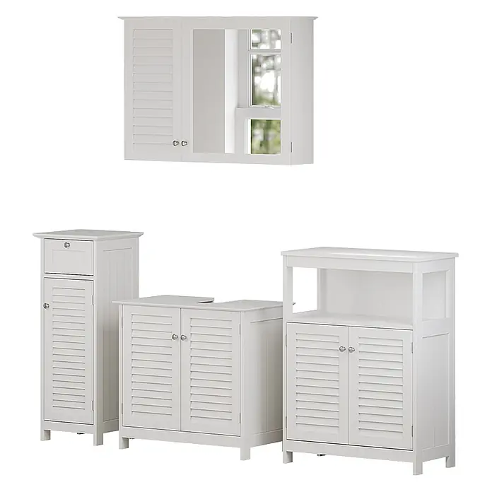 Badmöbel-Set Riad 60 cm Weiß Art.-Nr. 40470 -  - Set weißer Badschränke mit Lamellentüren, bestehend aus einem Spiegelschrank und verschiedenen Unterschränken.