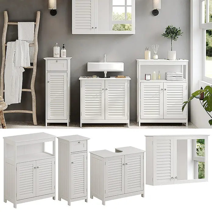 Badmöbel-Set Riad 60 cm Weiß Art.-Nr. 40470 -  - Weißes Badmöbelset mit Lamellentüren, Schränken, Waschtischunterschrank und Spiegelschrank.