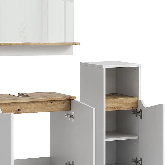 Badmöbel-Set Marelle 60 cm Weiß Art.-Nr. 40849 -  - Weißer Badschrank mit Waschtisch und hohem Stauraumschrank, Holzakzente, offene Türen zeigen Regale.