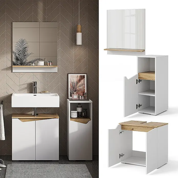 Badmöbel-Set Marelle 60 cm Weiß Art.-Nr. 40849 -  - Weißes Badmöbelset mit hellen Holzdetails: Wandspiegel mit Ablage, Waschbeckenunterschrank und Hochschrank, im Badezimmer.