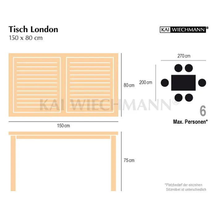 Kai Wiechmann Gartentisch - Teakholz, Rechteckig, Naturbelassen - Technische Zeichnung eines hellen rechteckigen Tisches London, 150x80x75 cm, für max. 6 Personen.