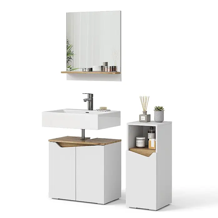 Badmöbel-Set Marelle 60 cm Weiß Art.-Nr. 40849 -  - Badmöbelset in Weiß und hellem Holz mit Spiegel, Waschtisch mit Unterschrank und hohem Badschrank.