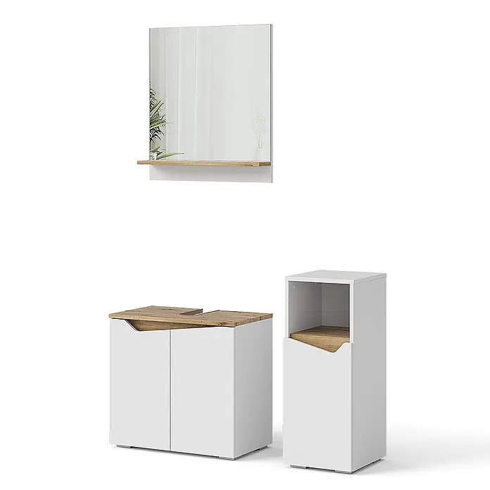 Badmöbel-Set Marelle 60 cm Weiß Art.-Nr. 40849 -  - Weiß- und holzfarbene Badmöbel-Set: Spiegel mit Ablage, Waschtischunterschrank und Hochschrank.