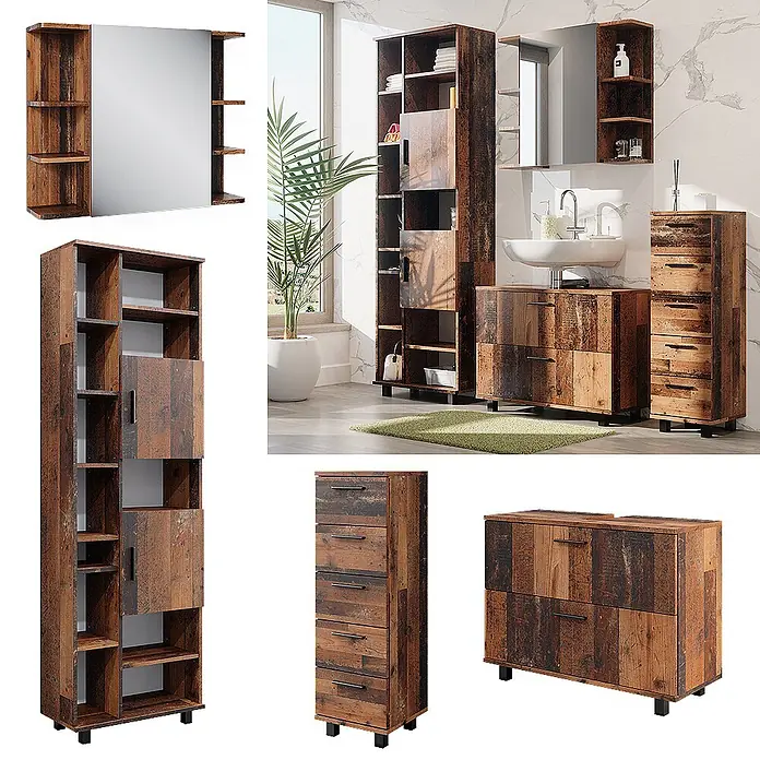 Vicco Badmöbel-Set Ilias Eiche rustikal 4 Teile, mit Hochschrank - Gesamtbreite Badmöbel: 170,2 cm, Eiche rustikal, Matt - Ein Set rustikaler brauner Badezimmermöbel: Hochschränke, Waschtischunterschrank, Schubladenschrank und Spiegelschrank im Bad.