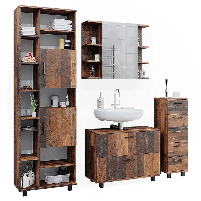 Vicco Badmöbel-Set Ilias Eiche rustikal 4 Teile, mit Hochschrank - Gesamtbreite Badmöbel: 170,2 cm, Eiche rustikal, Matt - Rustikale Badmöbel-Set in Holzoptik mit Hochschrank, Spiegelschrank, Waschtischunterschrank und Kommode.